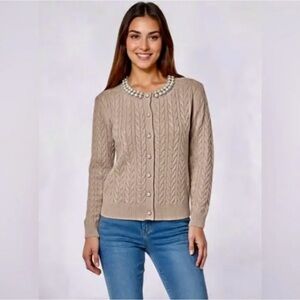Adrianna Papell Beige Cable Knit Pearl Collar Cardigan